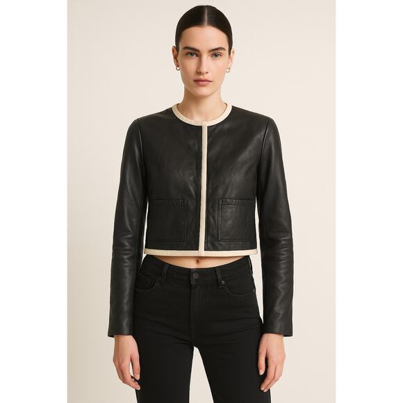 Zara Studio Collection Womens S Leather Jacket Cropped White Trim Minimalist - Picture 1 of 14